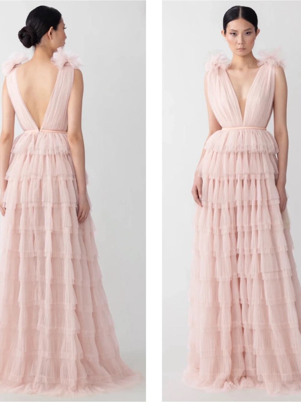 SAU LEE Sabrina Tulle Tiered Ruffle Pink Nude Maxi Dress Size 00